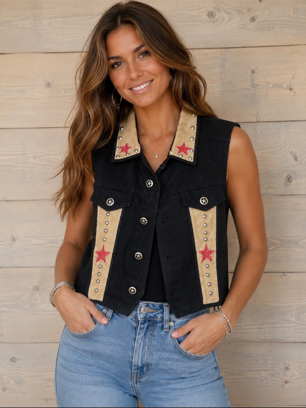 Silver Mesa Black Wester Equestrian Vest with Tan Trim and Red Star Accents